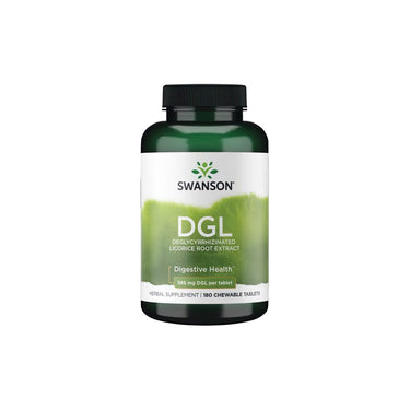 A green bottle of Swanson DGL Deglycyrrhizinated Licorice Root Extract, labeled for digestive health, contains 180 chewable tablets each with a dosage of 385 mg.